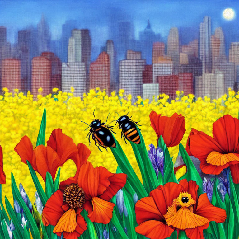 Colorful painting of yellow and red flowers with bees and cityscape under blue sky