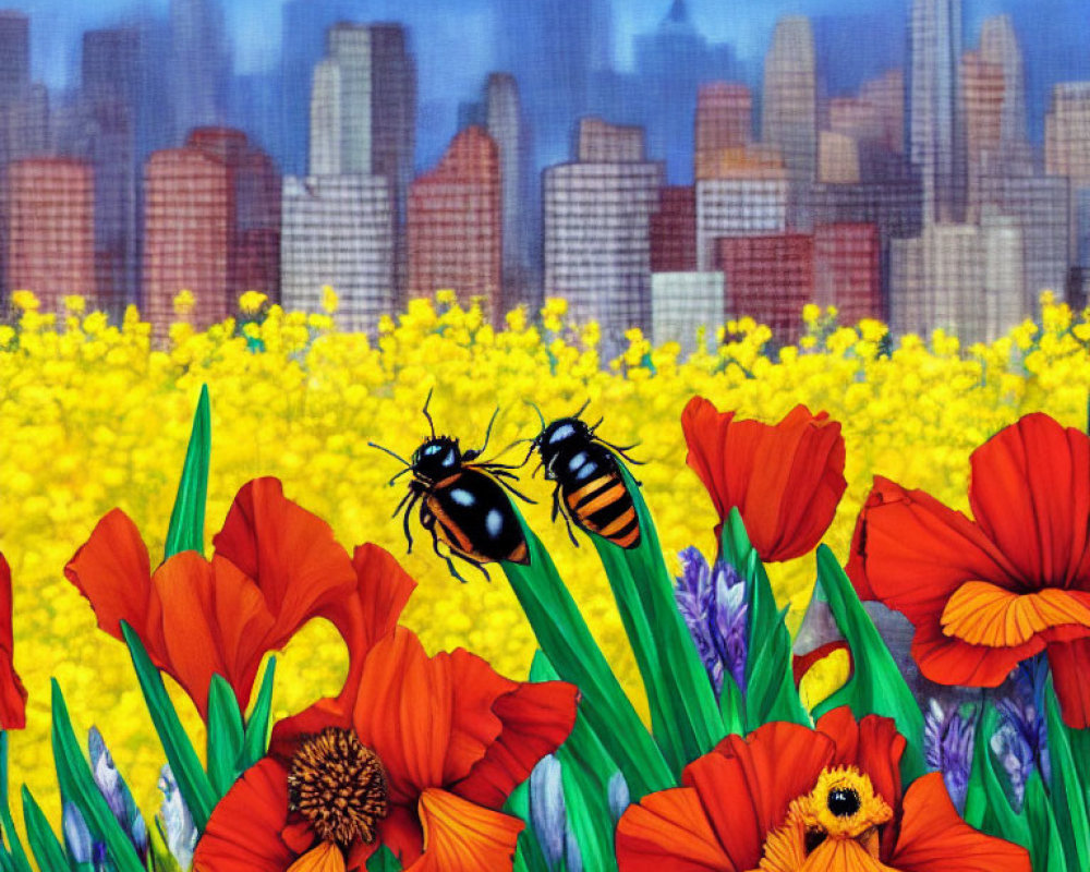 Colorful painting of yellow and red flowers with bees and cityscape under blue sky