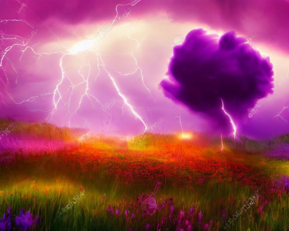 Colorful field of flowers under lightning-filled sky with unique cloud formation