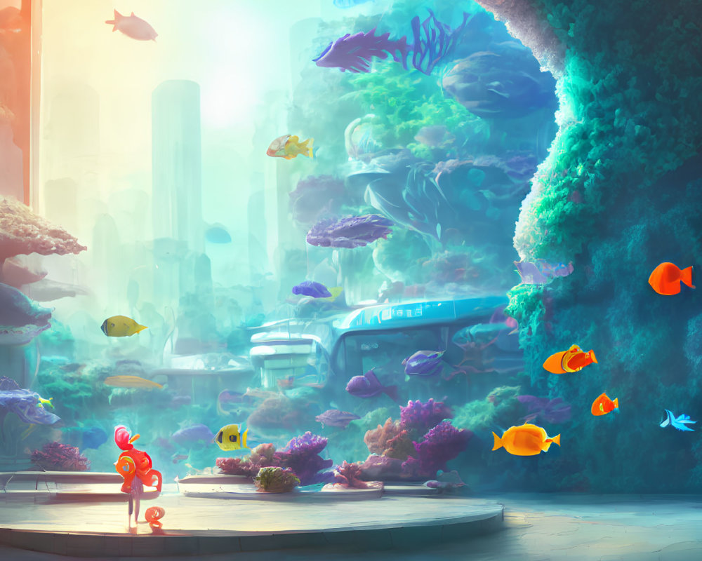 Colorful underwater scene with fish, corals, train, and fish-like character