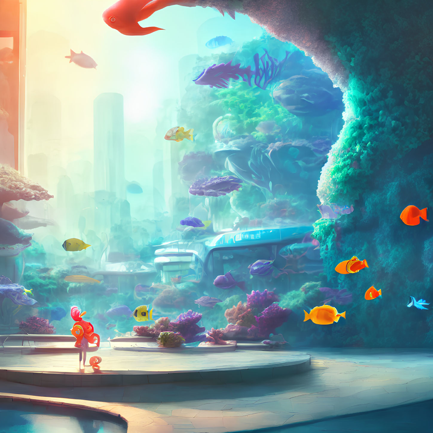 Colorful underwater scene with fish, corals, train, and fish-like character