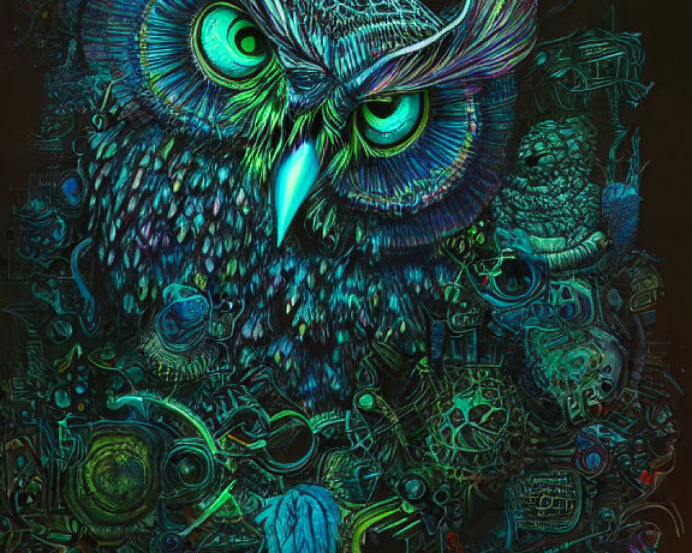 Colorful Stylized Owl Artwork with Abstract Mechanical Elements