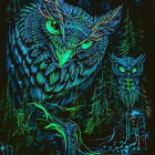Colorful Stylized Owl Artwork with Abstract Mechanical Elements
