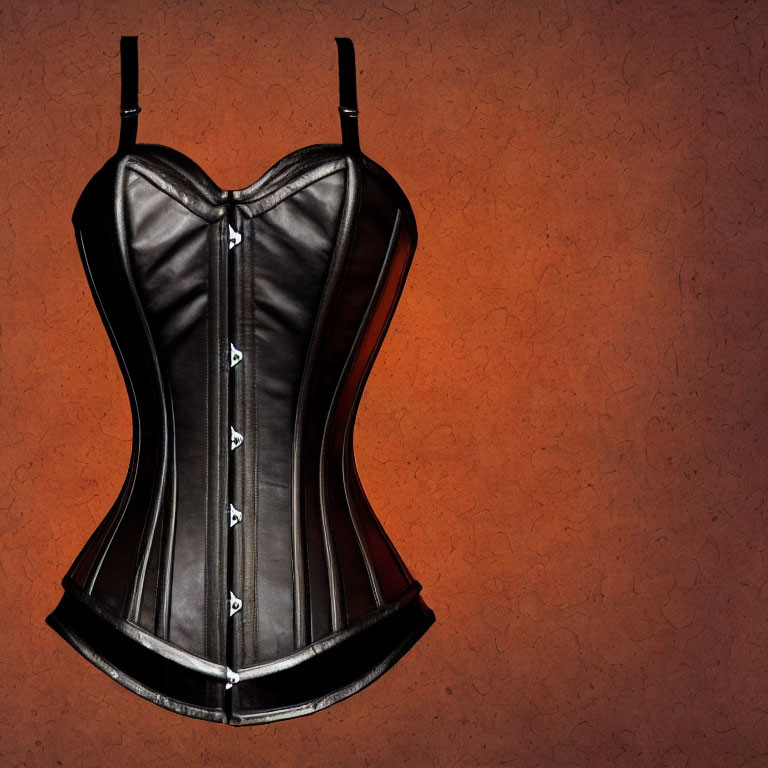 Black Corset with Front Clasps and Lace Trim on Orange Textured Background