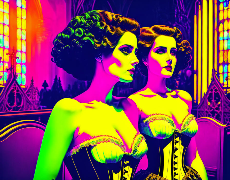 Two women with vintage hairstyles in colorful dresses against a vibrant, surreal stained-glass interior.