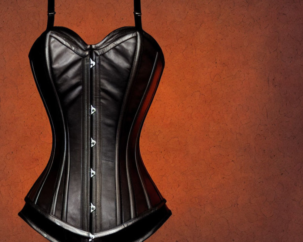 Black Corset with Front Clasps and Lace Trim on Orange Textured Background
