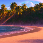 Golden sand, palm trees, gentle waves, and a pinkish sky with a faint rainbow.