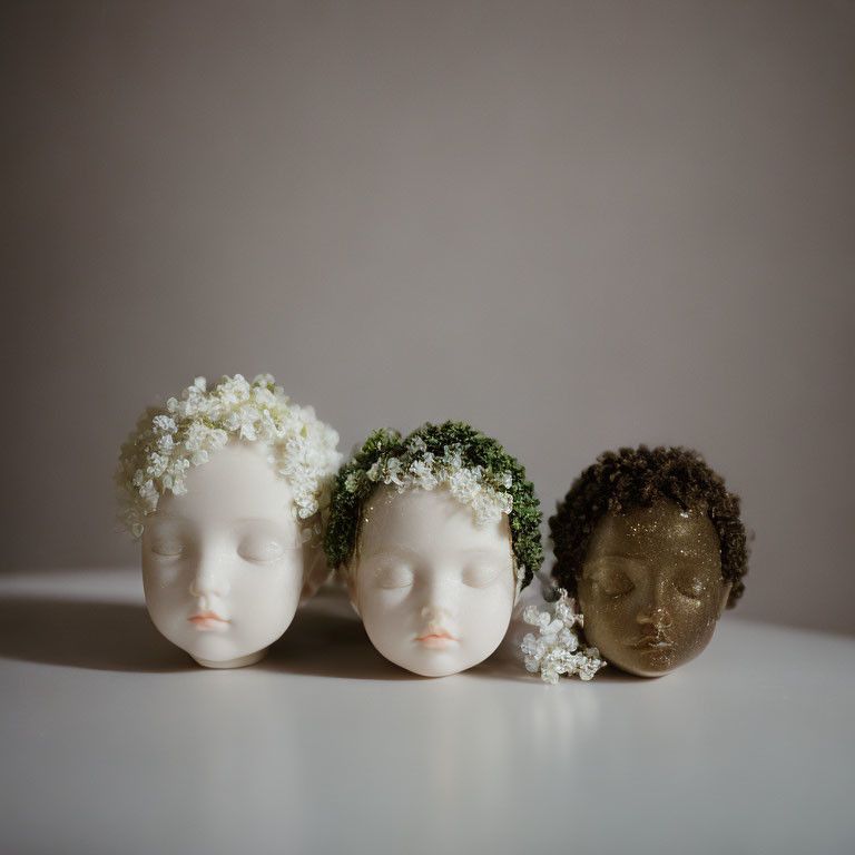 Three doll heads with floral crowns on neutral background