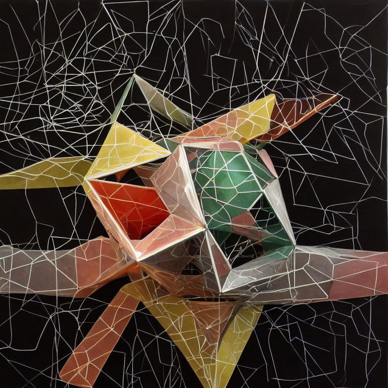 Geometric cube with star-like structures in varied colors on black background.