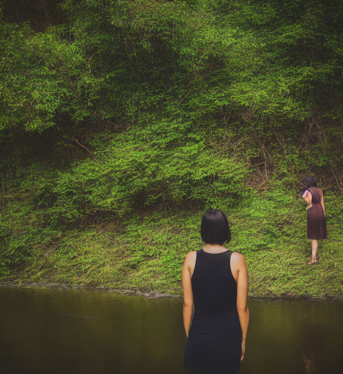 Two people near water and greenery in contemplative poses