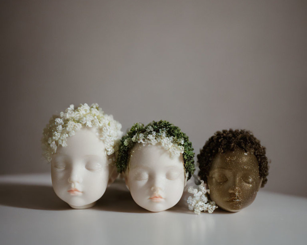 Three doll heads with floral crowns on neutral background