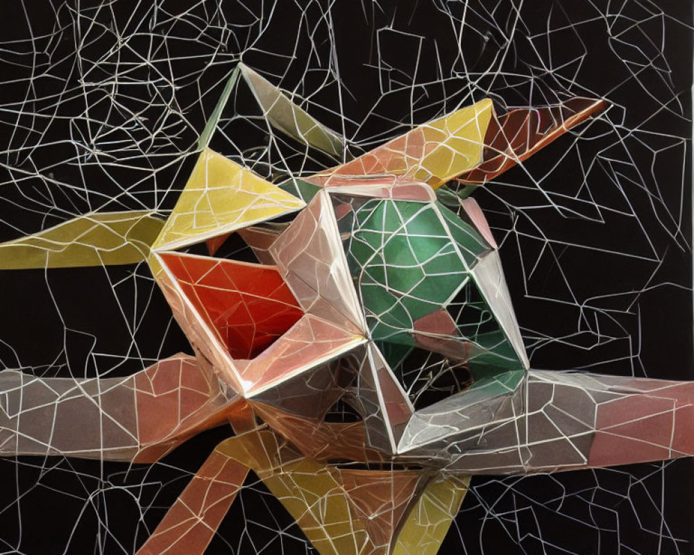 Geometric cube with star-like structures in varied colors on black background.