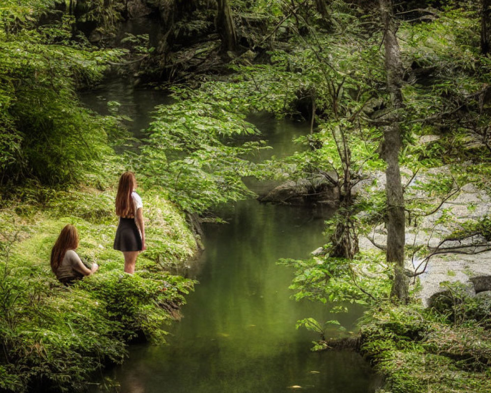 Tranquil forest stream scene with two people surrounded by greenery