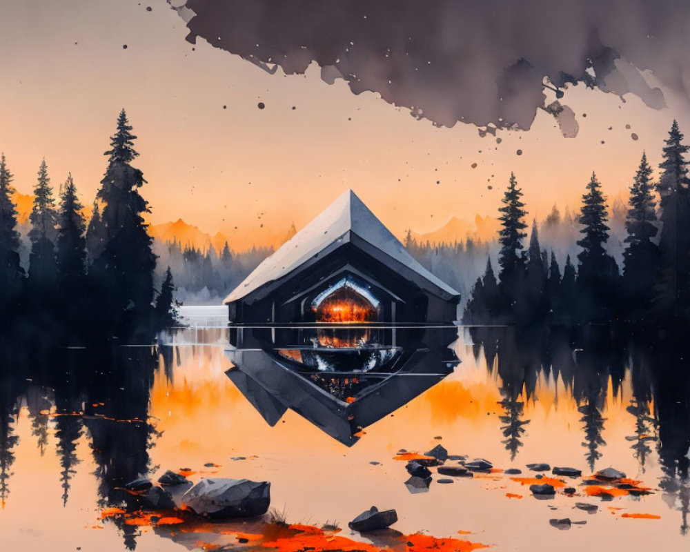 Mirrored hexagonal cabin on tranquil lake with glowing interior