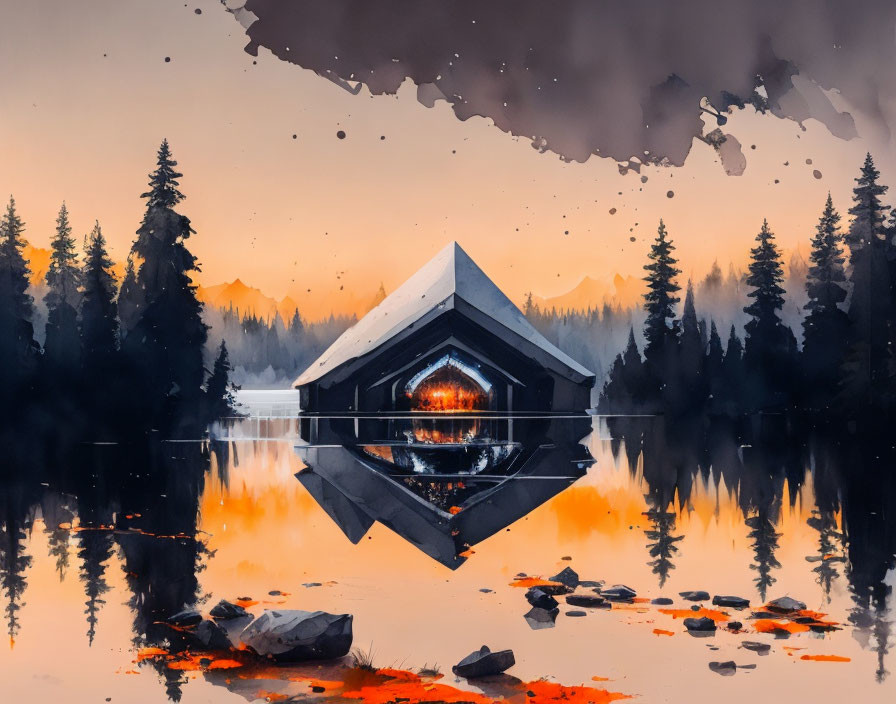 Mirrored hexagonal cabin on tranquil lake with glowing interior