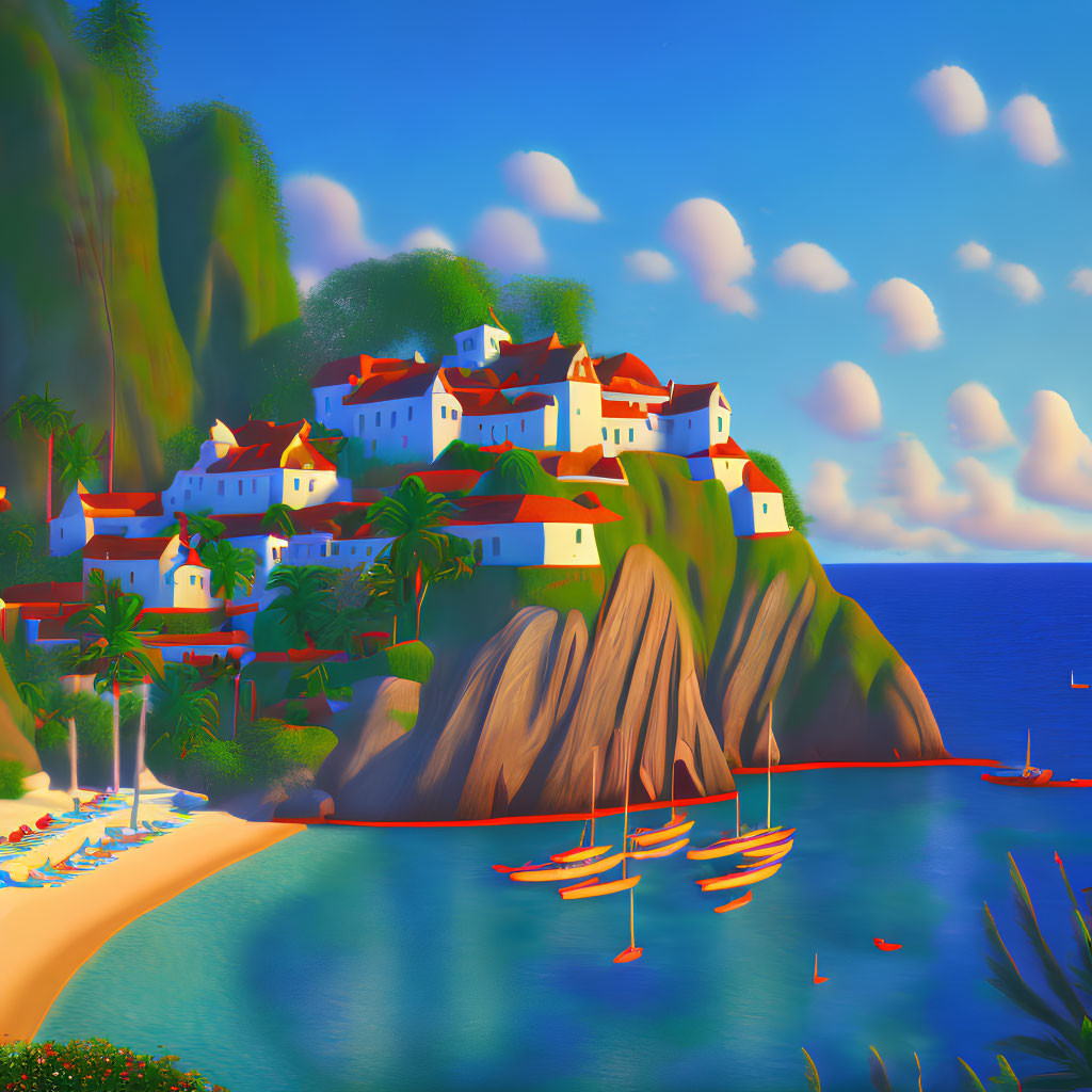 Scenic coastal village with terracotta-roofed houses overlooking calm blue bay