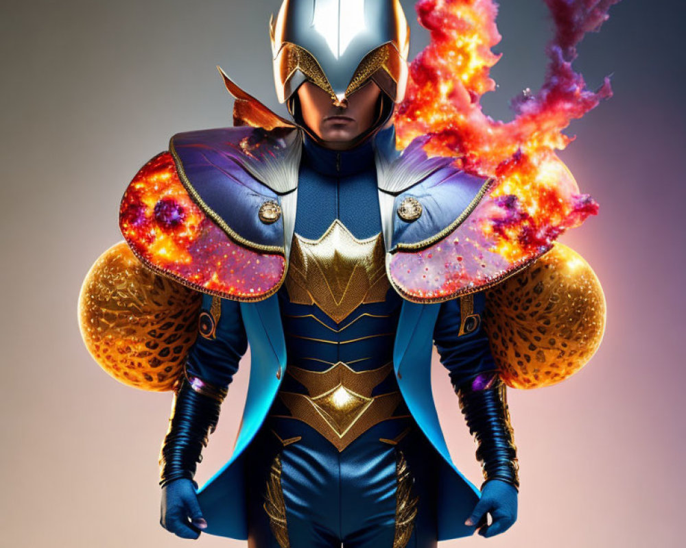 Futuristic superhero in blue and gold costume with flames on gradient background