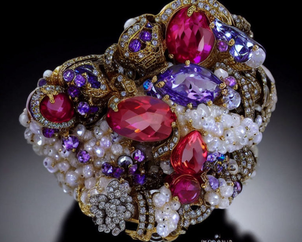 Elegant Brooch with Pearls, Rubies, Amethysts, Diamonds on Gold Accents