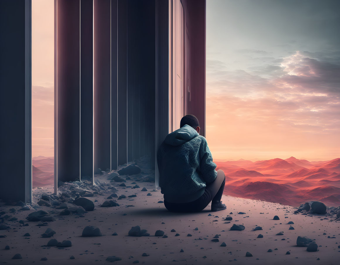Person Contemplating Desert Landscape with Futuristic Columns at Twilight