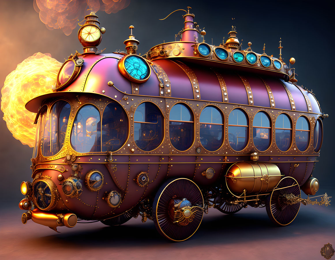 Steampunk-style submarine with bronze detailing and circular windows in fiery orb setting