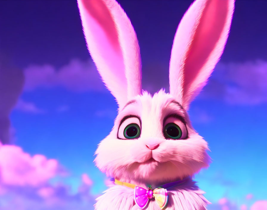 Close-up of cute pink bunny with large ears and purple bow tie on pink and blue sky background
