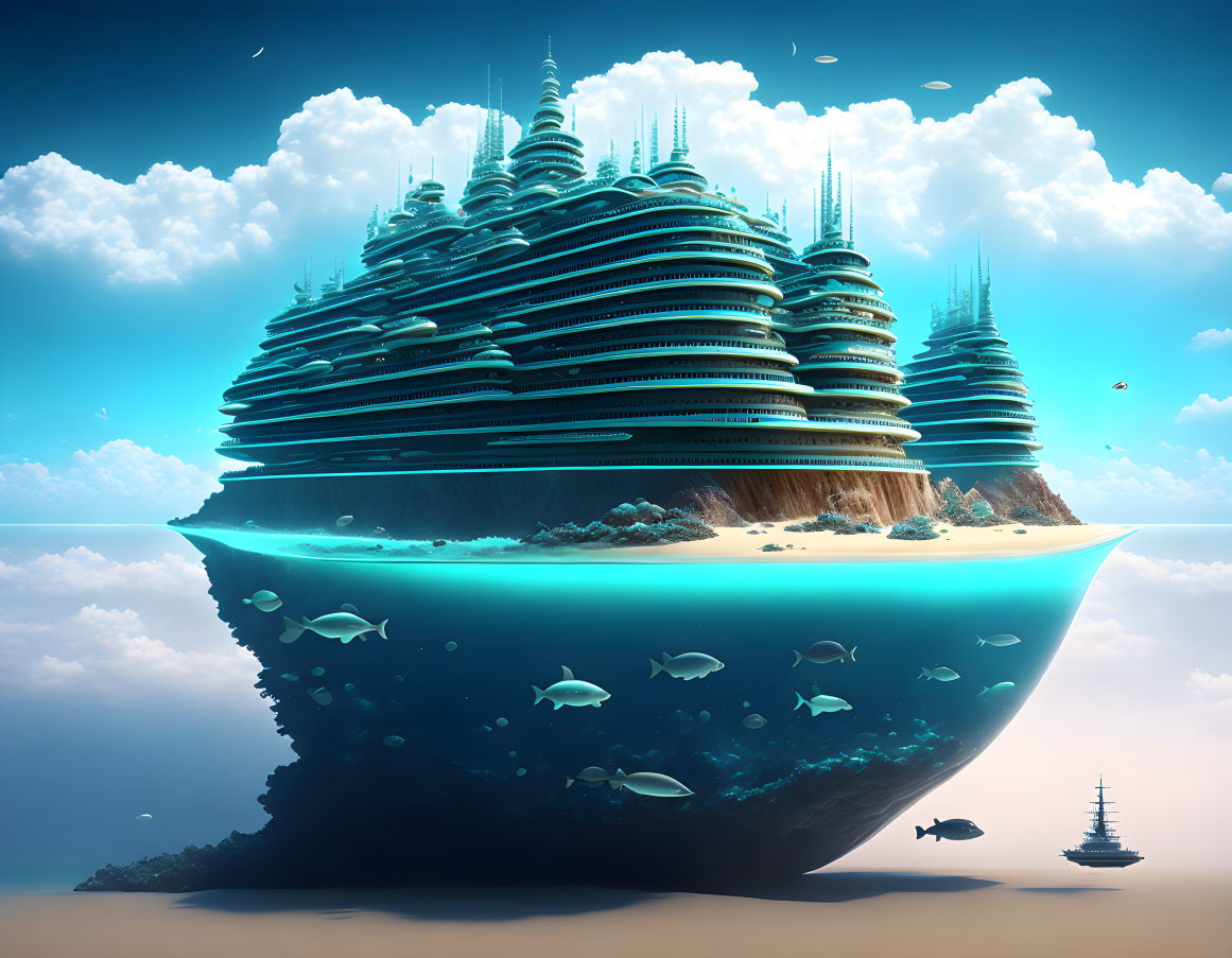 Futuristic floating city above clear ocean with fish swimming