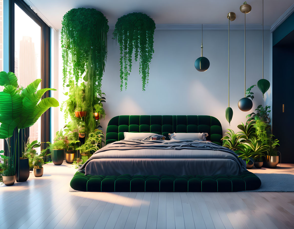 Modern Bedroom with Green Bed, Large Windows, and Abundant Plants
