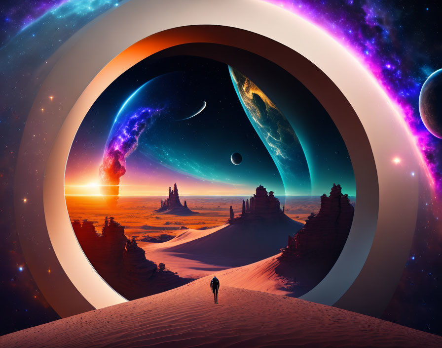 Surreal landscape with figure, sand dunes, ring structures, and celestial bodies