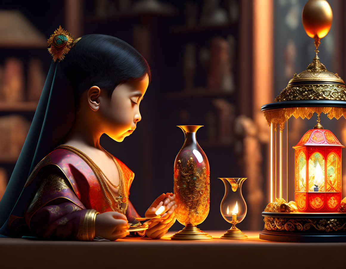 Traditional attire girl lighting lamp near lantern and vases in warm setting