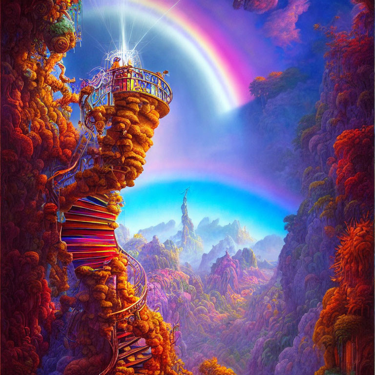 Colorful rainbow, lush flora, whimsical staircase, and ethereal platform in vibrant fantasy landscape