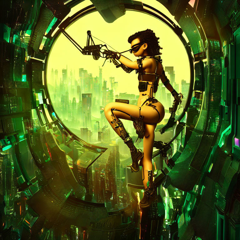 Futuristic female cyber warrior with long braid in sleek bodysuit holding gun on circular structure
