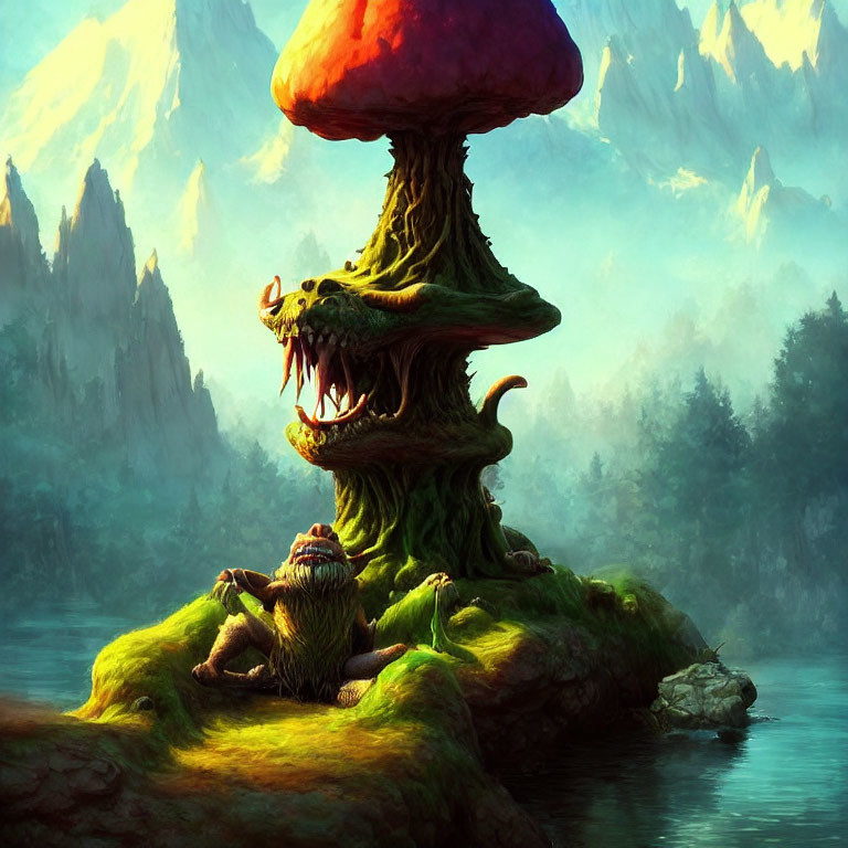 Fantasy landscape with creature under giant mushroom in misty forest