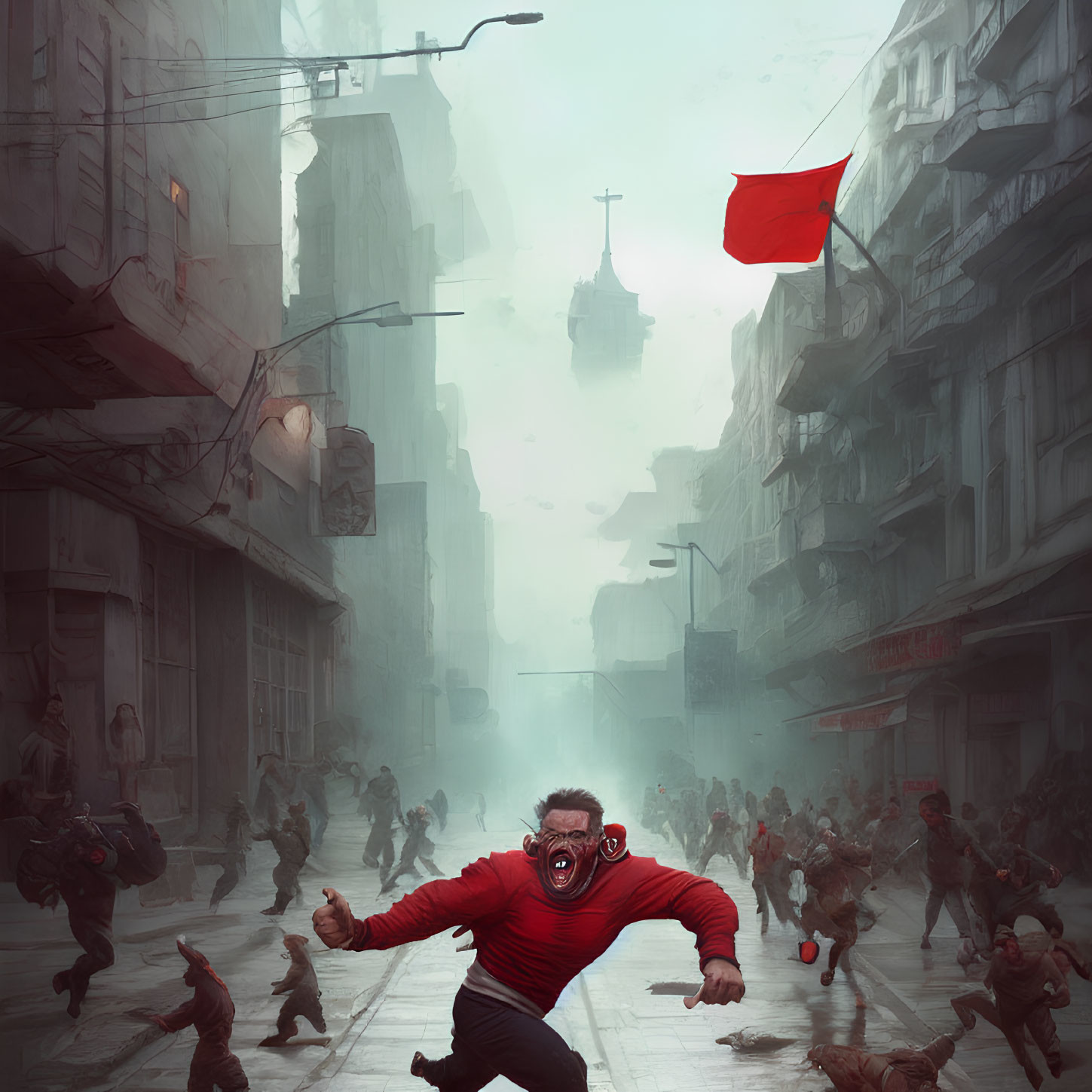 Foggy urban street with panicked crowd and person in red jacket and gas mask under red flag