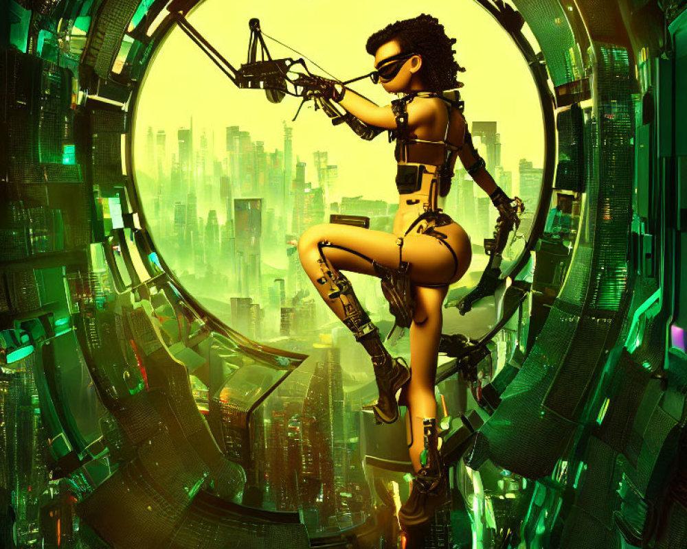Futuristic female cyber warrior with long braid in sleek bodysuit holding gun on circular structure
