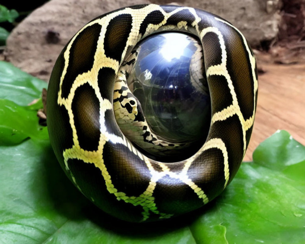 Ball python coiled around reflective sphere on leaf, showcasing scale pattern.