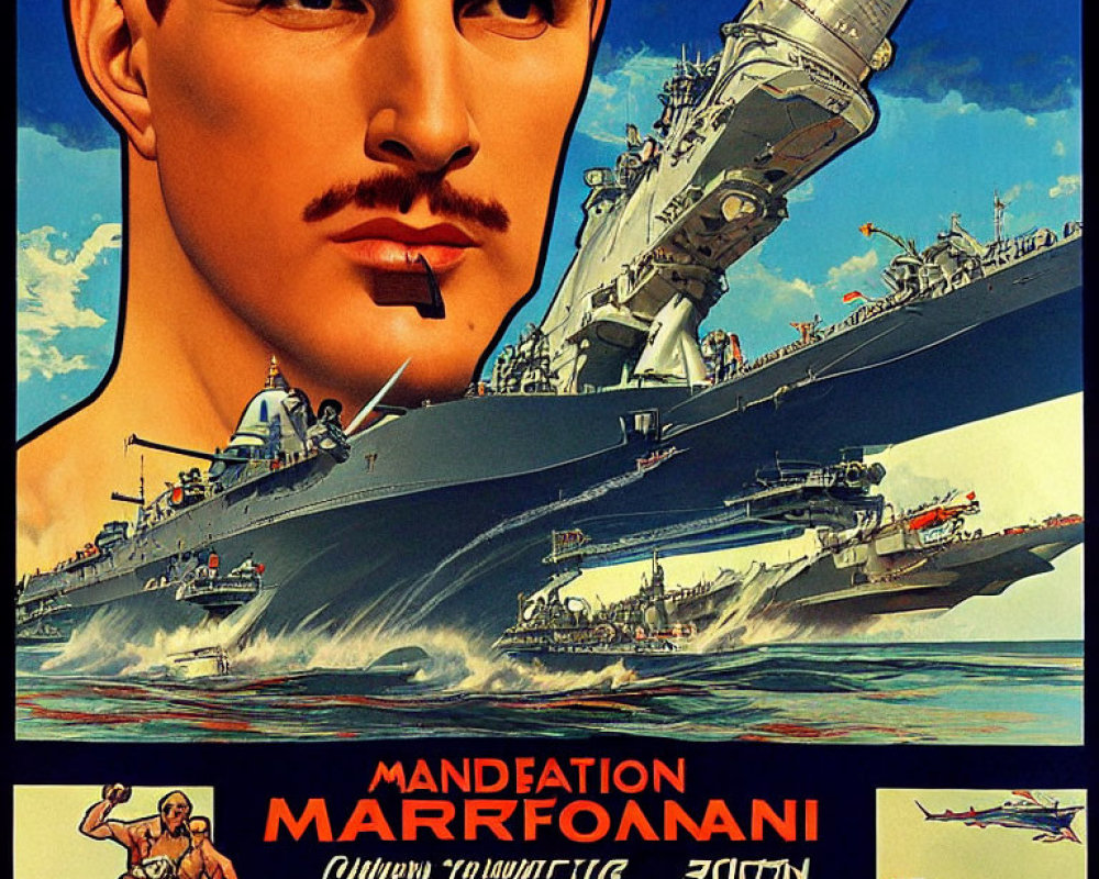 Nautical-themed vintage poster with ship, man, gun, plane, and Greek text