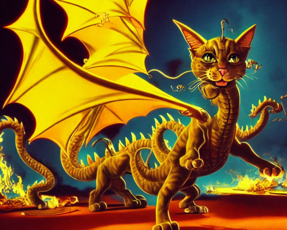 Fantastical creature with cat's head and dragon's body on fiery orange backdrop