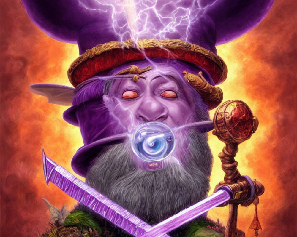 Wizard with Purple Hat and Beard Holding Staff and Sword under Lightning
