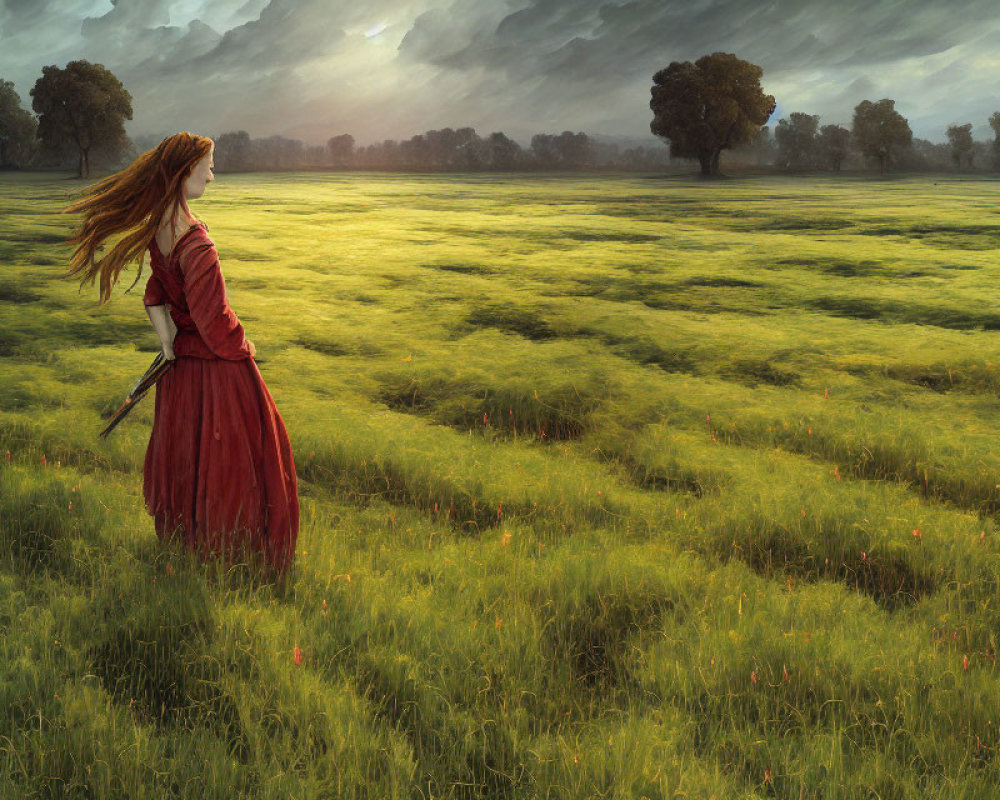 Woman in red dress standing in green field with mountain view