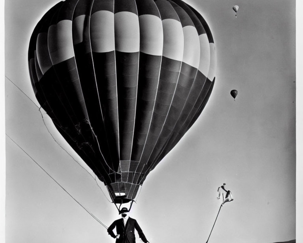 Monochrome photo of person holding hot air balloon on ground, with two balloons in sky