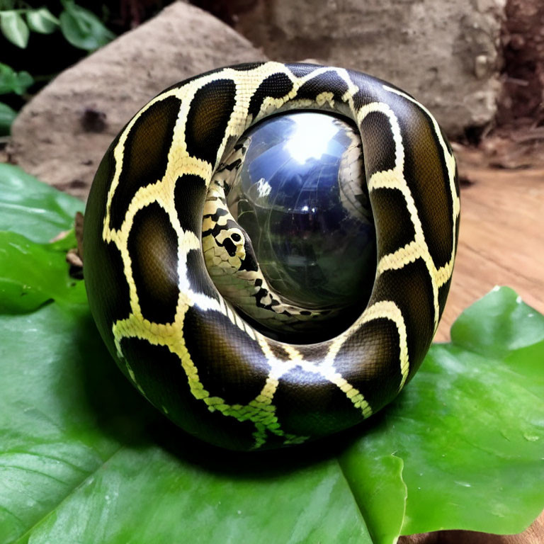 Ball python coiled around reflective sphere on leaf, showcasing scale pattern.
