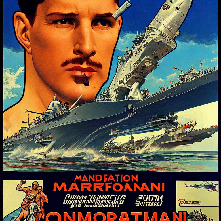 Nautical-themed vintage poster with ship, man, gun, plane, and Greek text