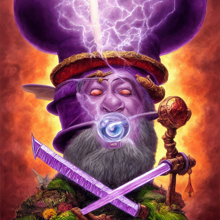 Wizard with Purple Hat and Beard Holding Staff and Sword under Lightning