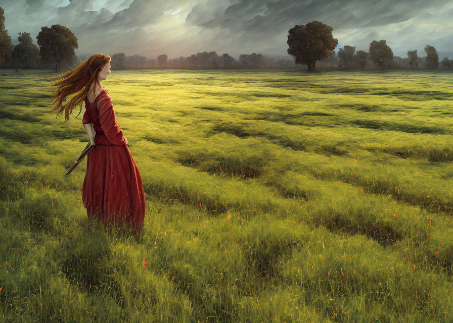 Woman in red dress standing in green field with mountain view