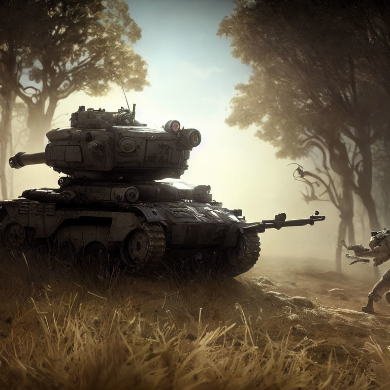 Military tanks stacked in misty forest with ethereal lighting