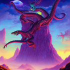 Colorful Three-Headed Dragon Soaring in Purple Sky