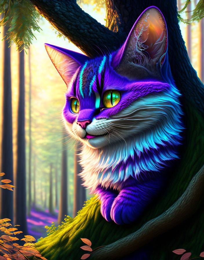 Colorful Anthropomorphic Cat with Green Eyes in Magical Forest