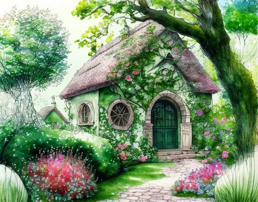 small house in green garden