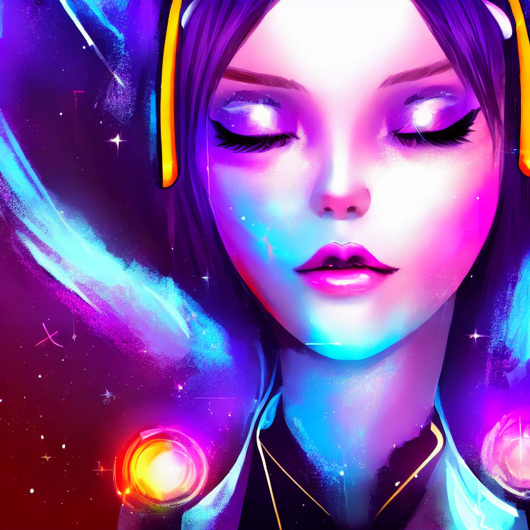 Digital portrait of a woman with closed eyes and headphones against cosmic background.