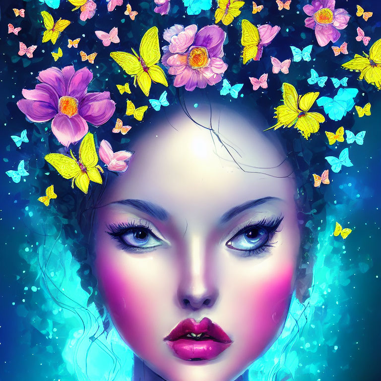 Vibrant woman's face with flowers and butterflies on blue background